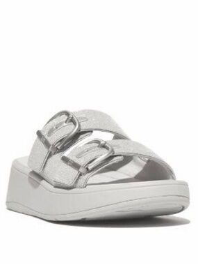 EUC FitFlop F-Mode Shimmerlux Flatform Two-Strap Buckle Silver/Grey Slides Sz 9